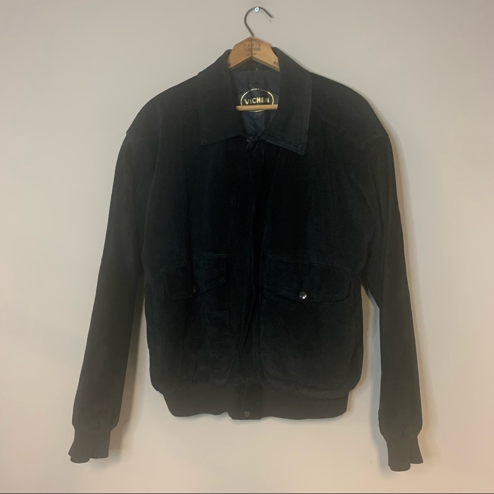 Vintage 80s 90s Black Suede Leather Bomber Flight Jacket